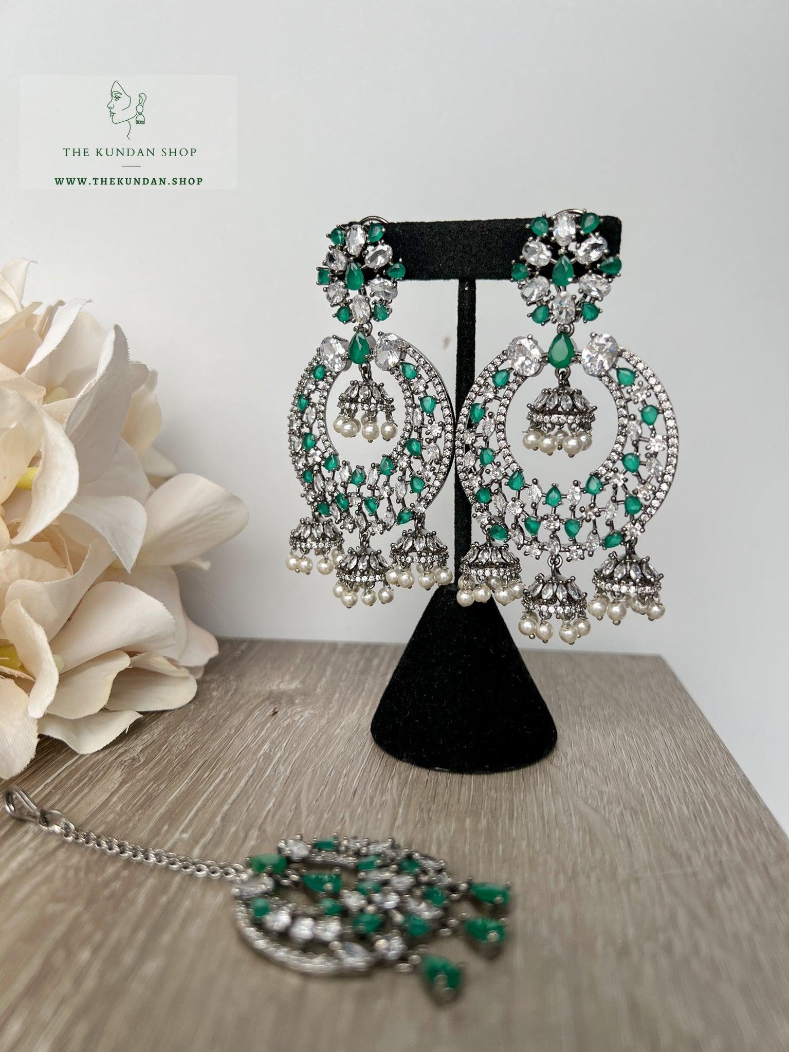 Humble in Black & Emerald Earrings + Tikka THE KUNDAN SHOP 