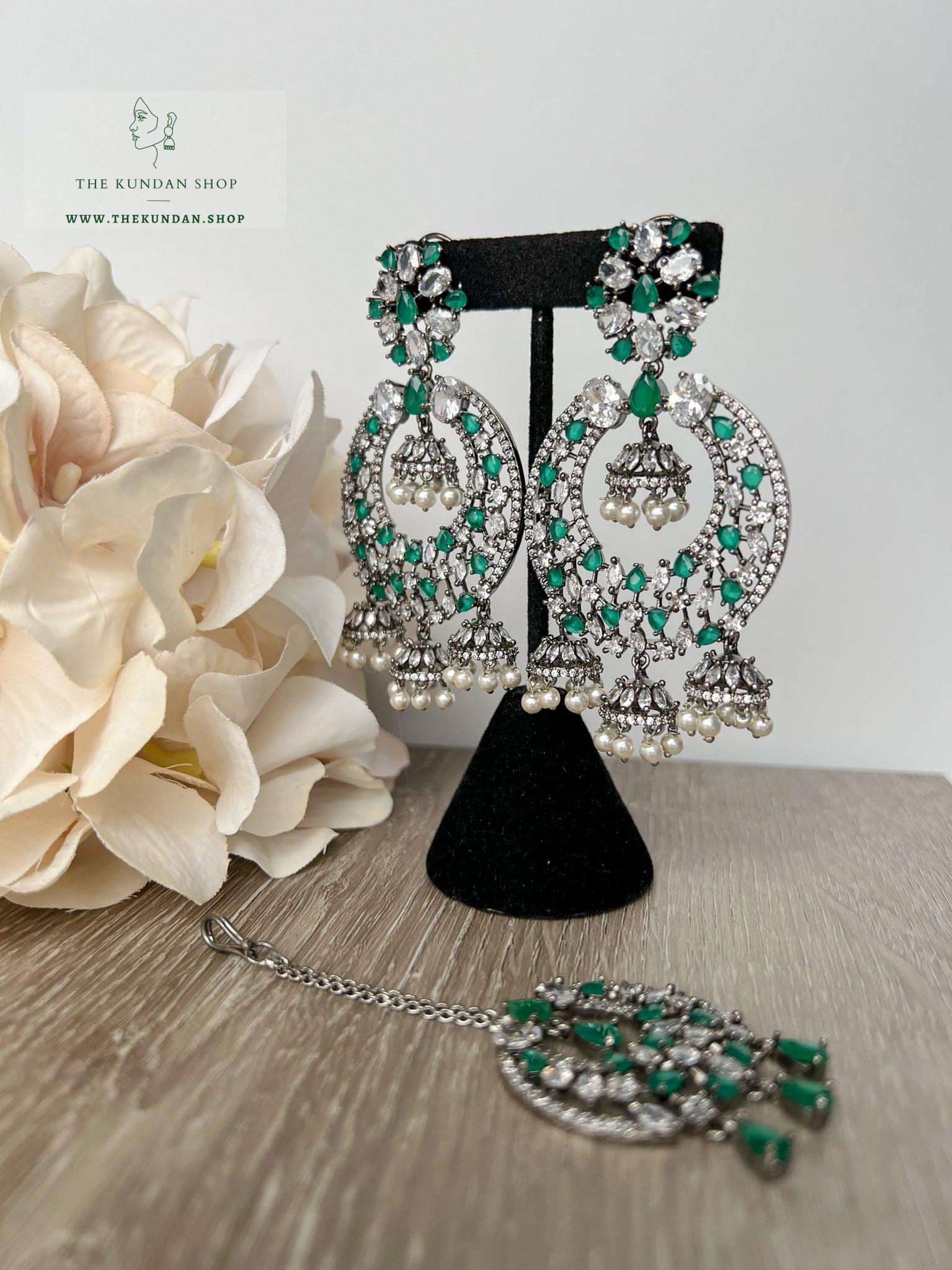 Humble in Black & Emerald Earrings + Tikka THE KUNDAN SHOP 