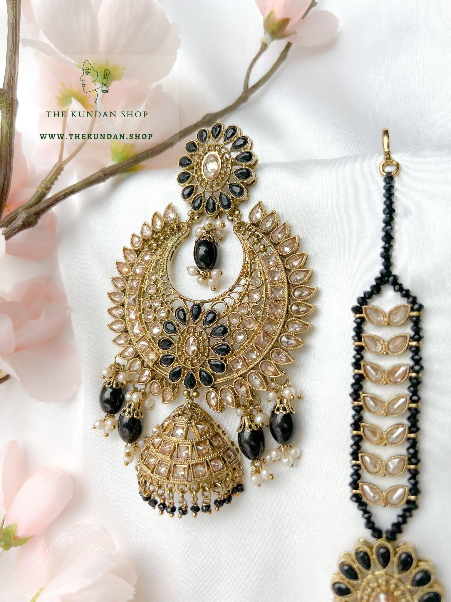 Chosen Polki in Black Earrings + Tikka THE KUNDAN SHOP 