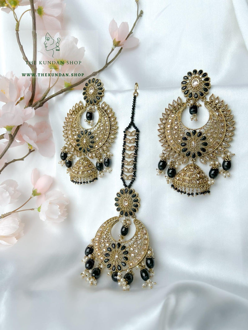 Chosen Polki in Black Earrings + Tikka THE KUNDAN SHOP 