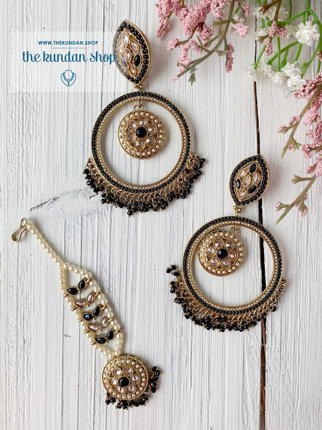 Ardent in Black Earrings + Tikka THE KUNDAN SHOP 
