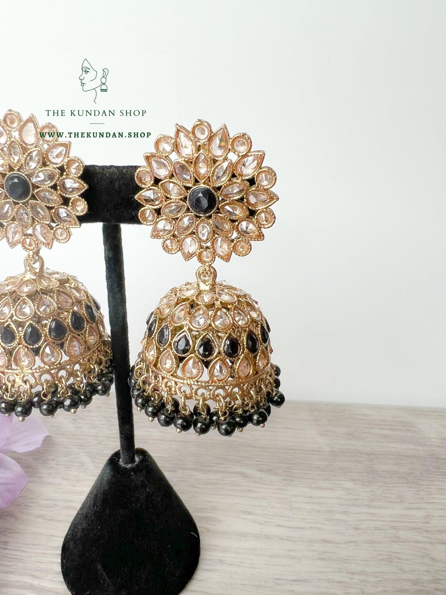Misty Jhumkis in Black Earrings + Tikka THE KUNDAN SHOP 