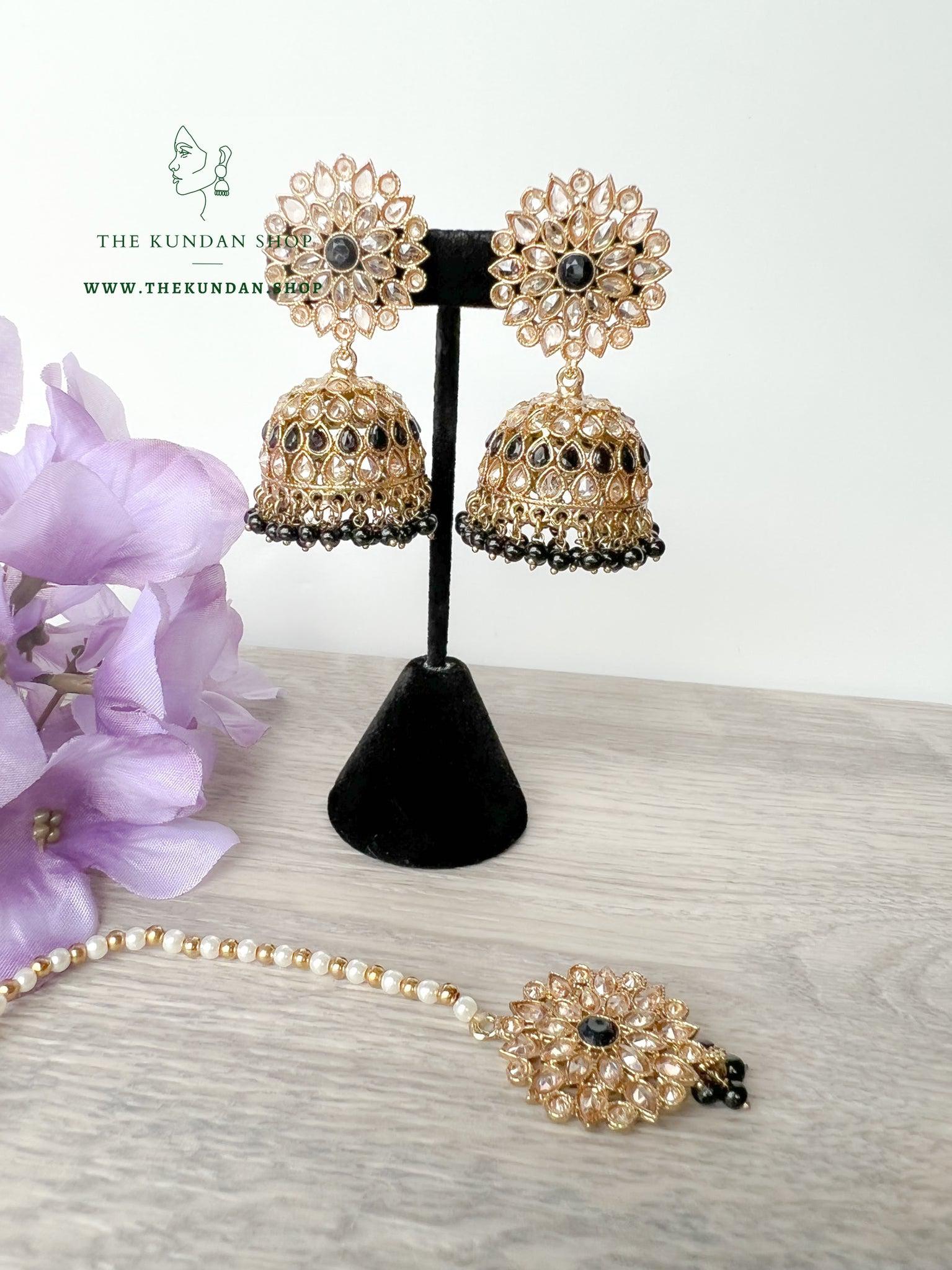 Misty Jhumkis in Black Earrings + Tikka THE KUNDAN SHOP 