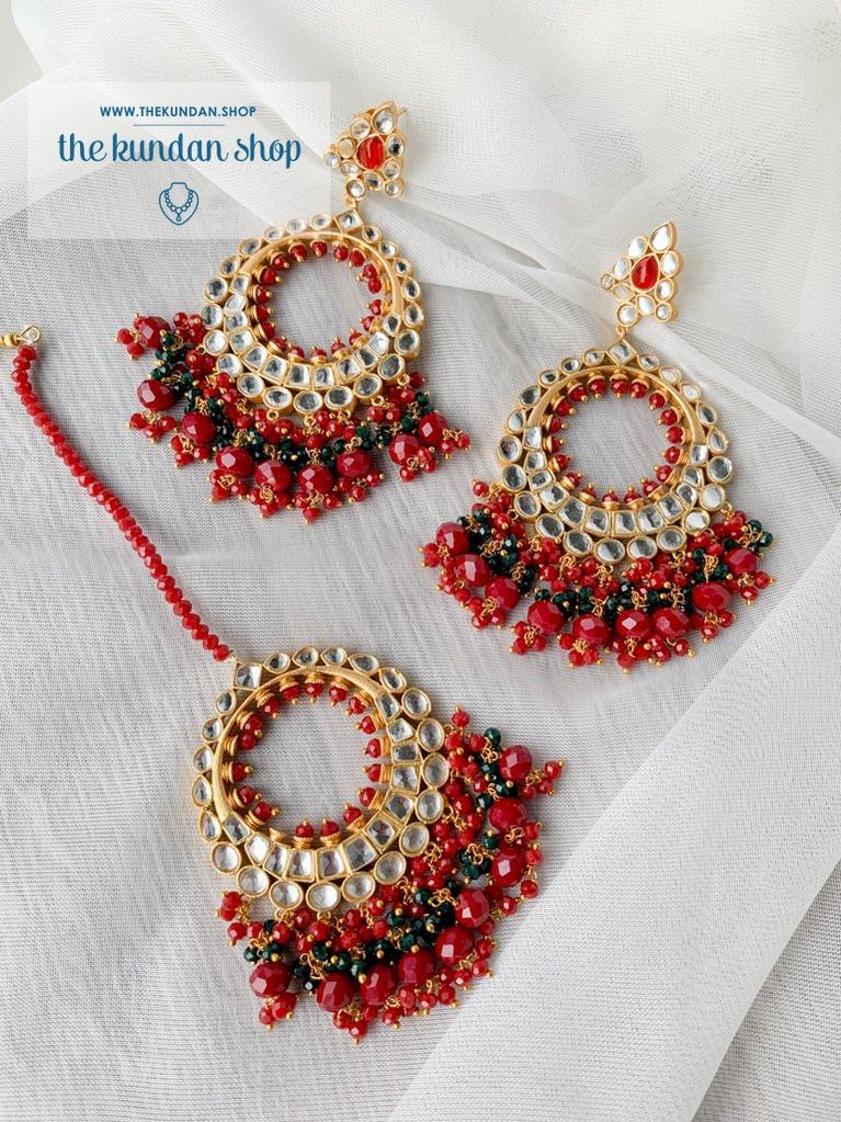 Aura in Red & Black Earrings + Tikka THE KUNDAN SHOP 
