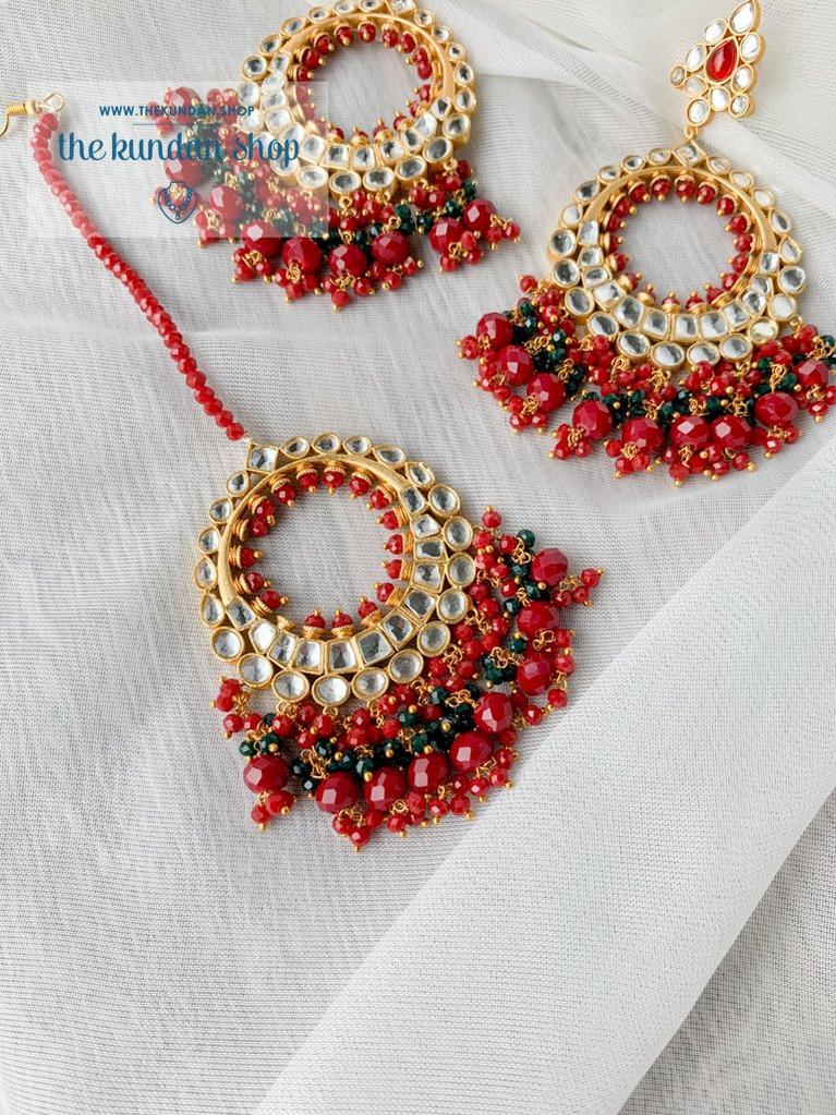 Aura in Red & Black Earrings + Tikka THE KUNDAN SHOP 