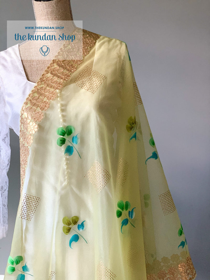 Blue Flowers in Green, Dupatta - THE KUNDAN SHOP