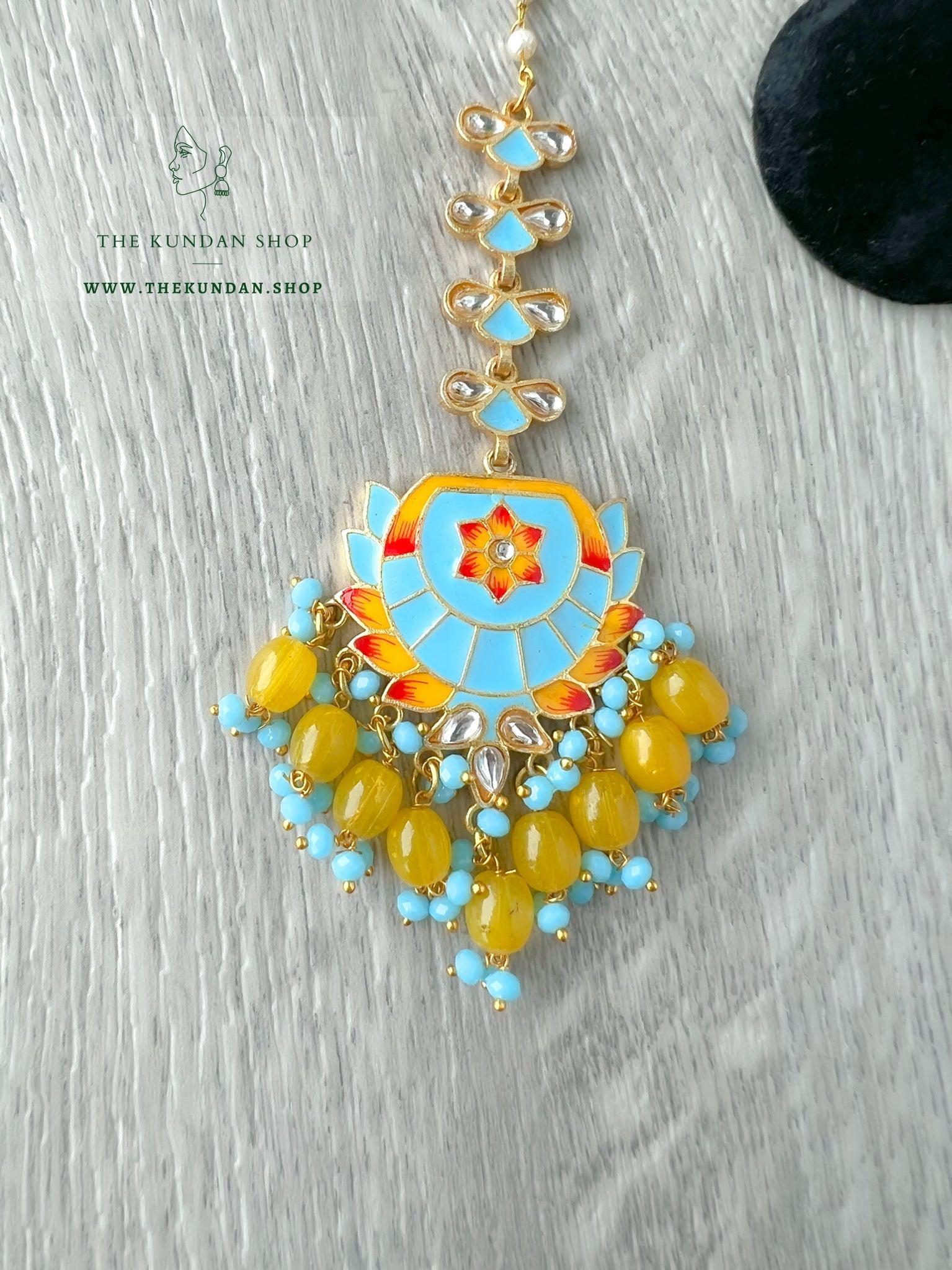 Guided Jhumkis in Blue Earrings + Tikka THE KUNDAN SHOP 