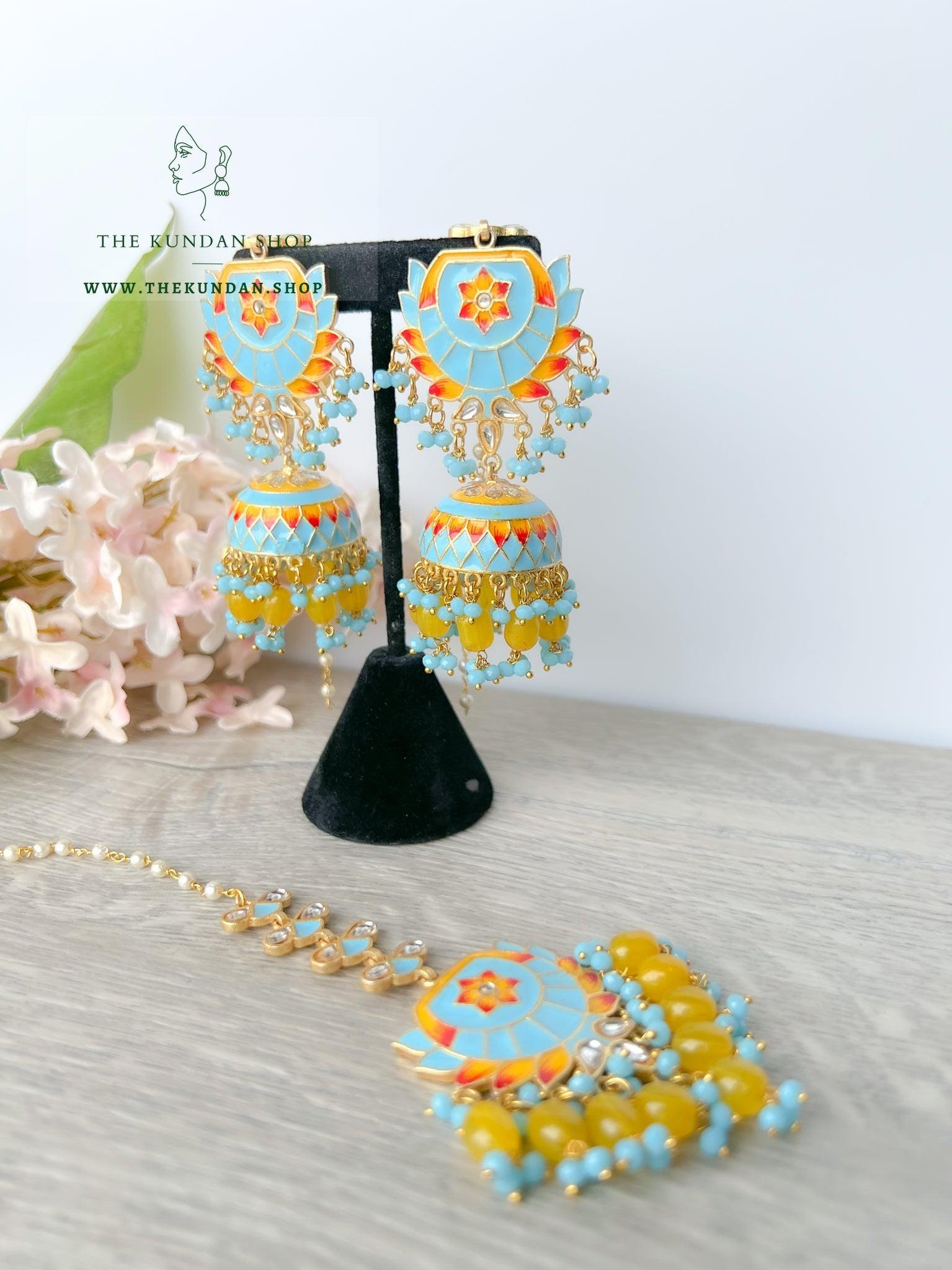 Guided Jhumkis in Blue Earrings + Tikka THE KUNDAN SHOP 