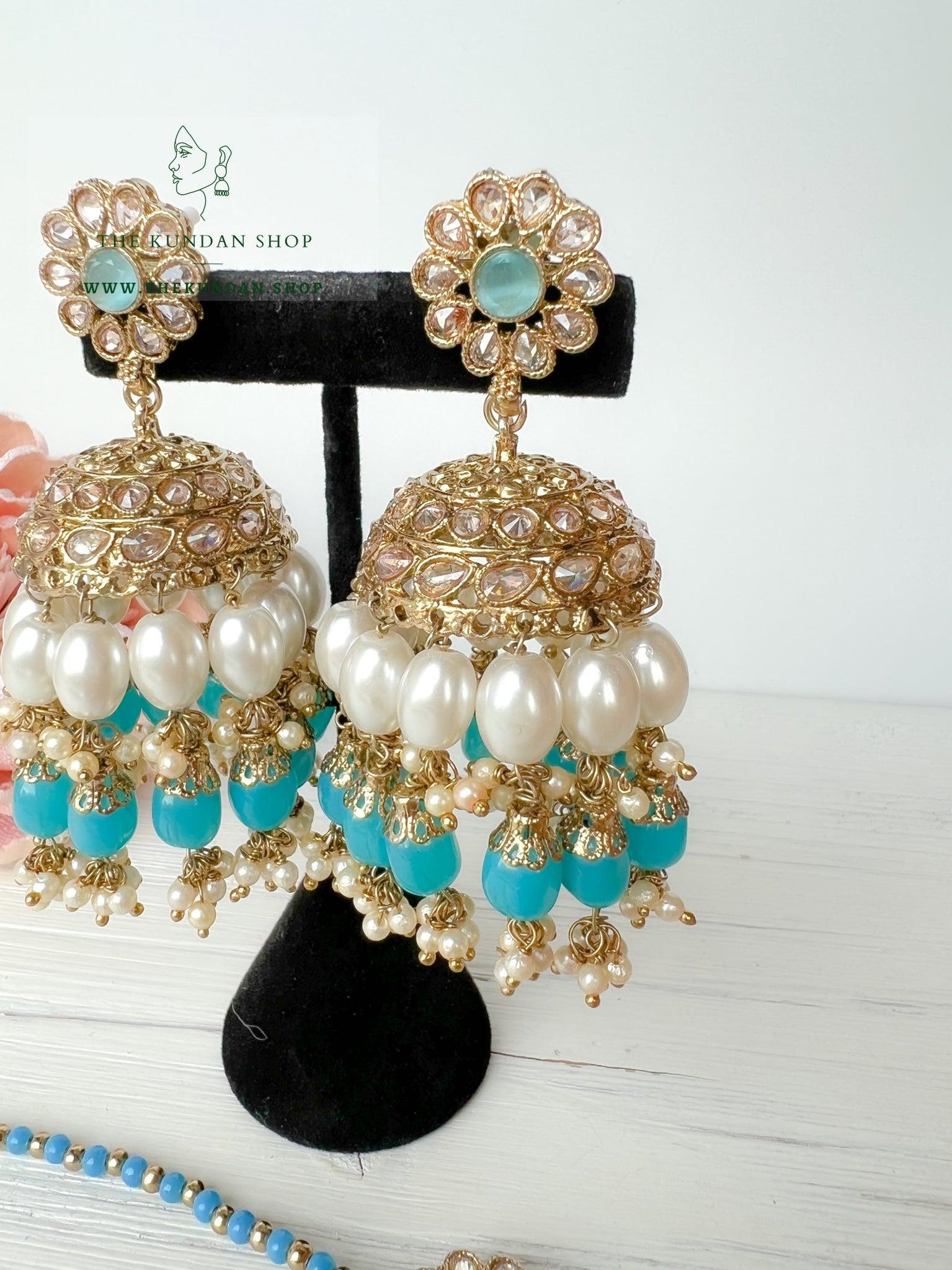 Finery Jhumkis in Blue Earrings + Tikka THE KUNDAN SHOP 