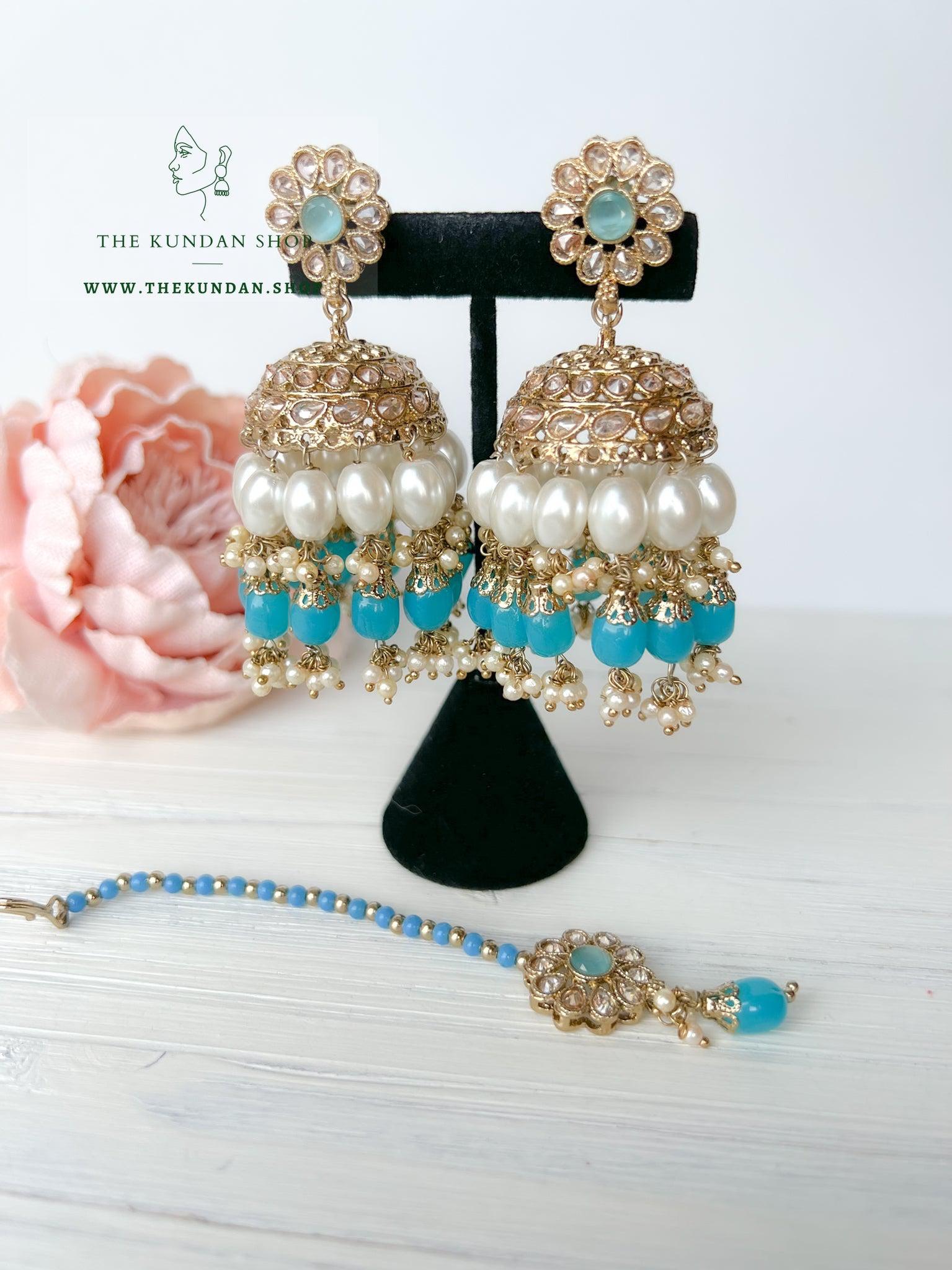 Finery Jhumkis in Blue Earrings + Tikka THE KUNDAN SHOP 