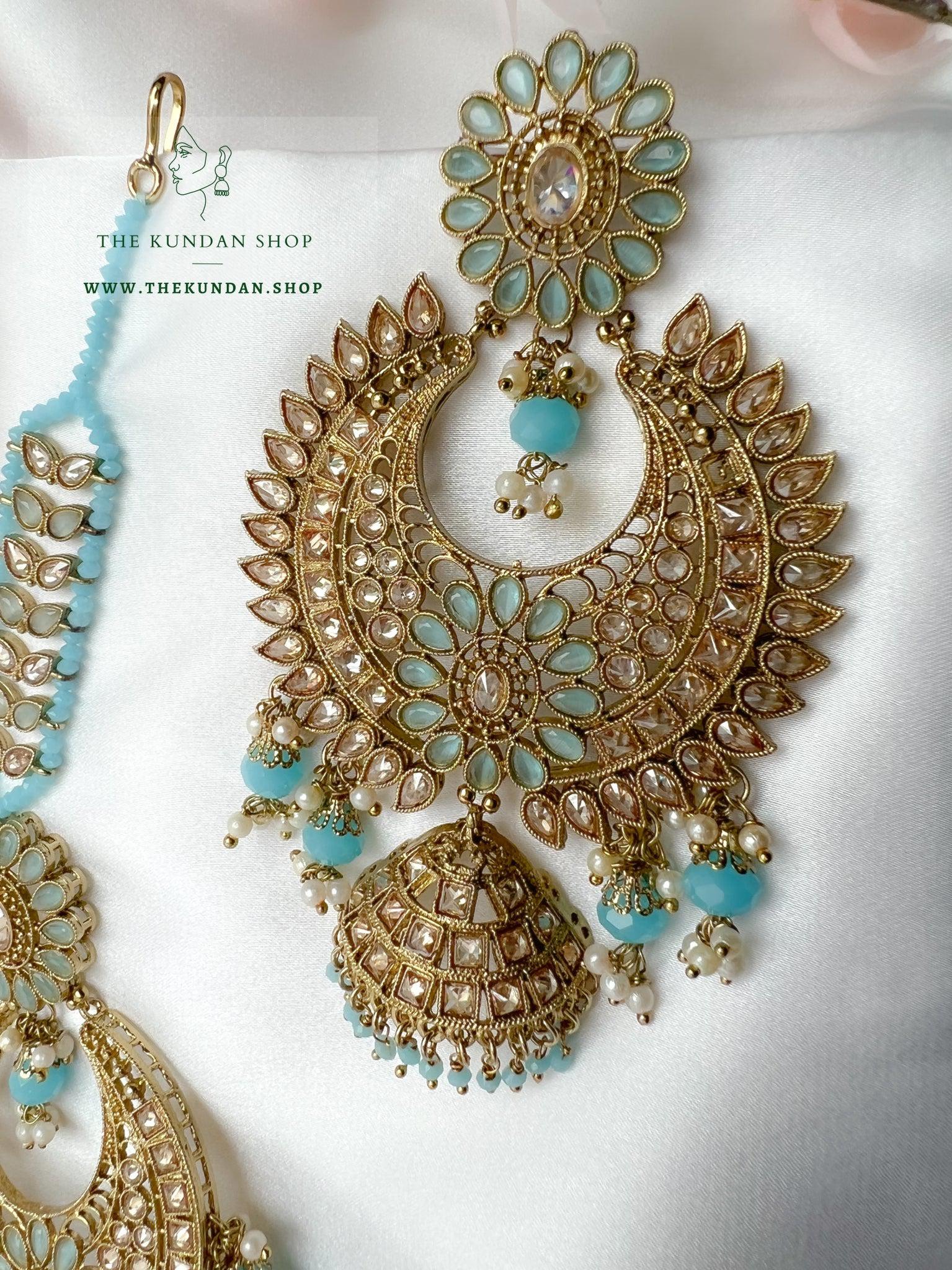 Chosen Polki in Blue Earrings + Tikka THE KUNDAN SHOP 