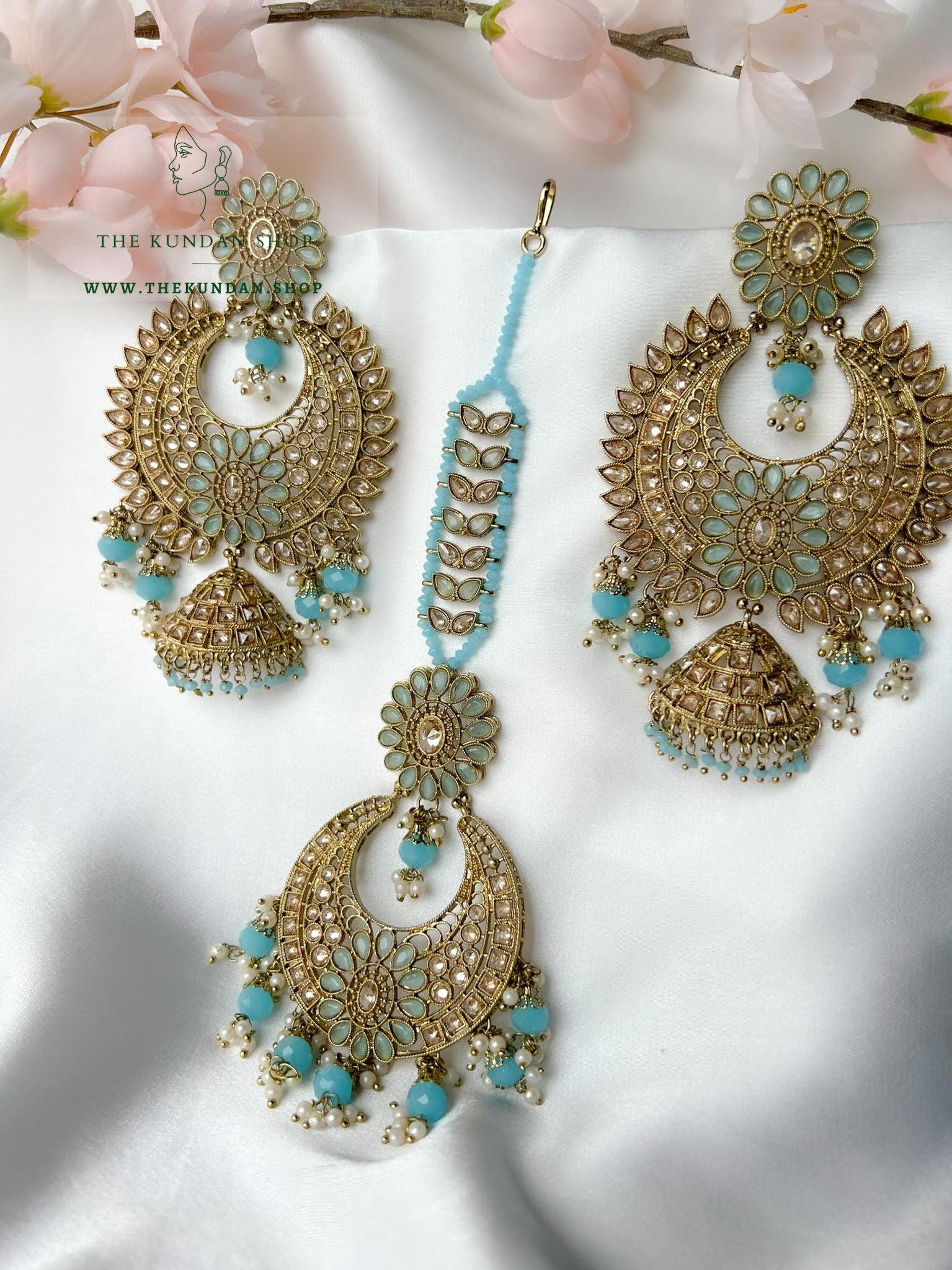 Chosen Polki in Blue Earrings + Tikka THE KUNDAN SHOP 