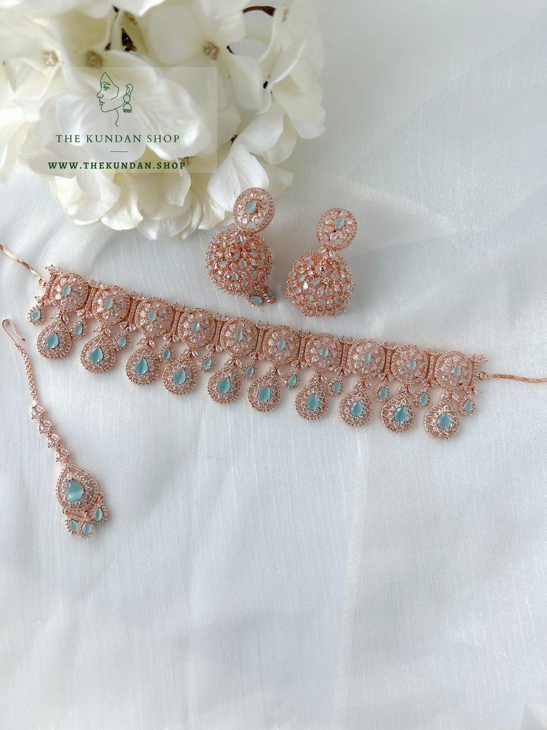 Adore in Rose Gold & Feroza Blue Necklace Sets THE KUNDAN SHOP 