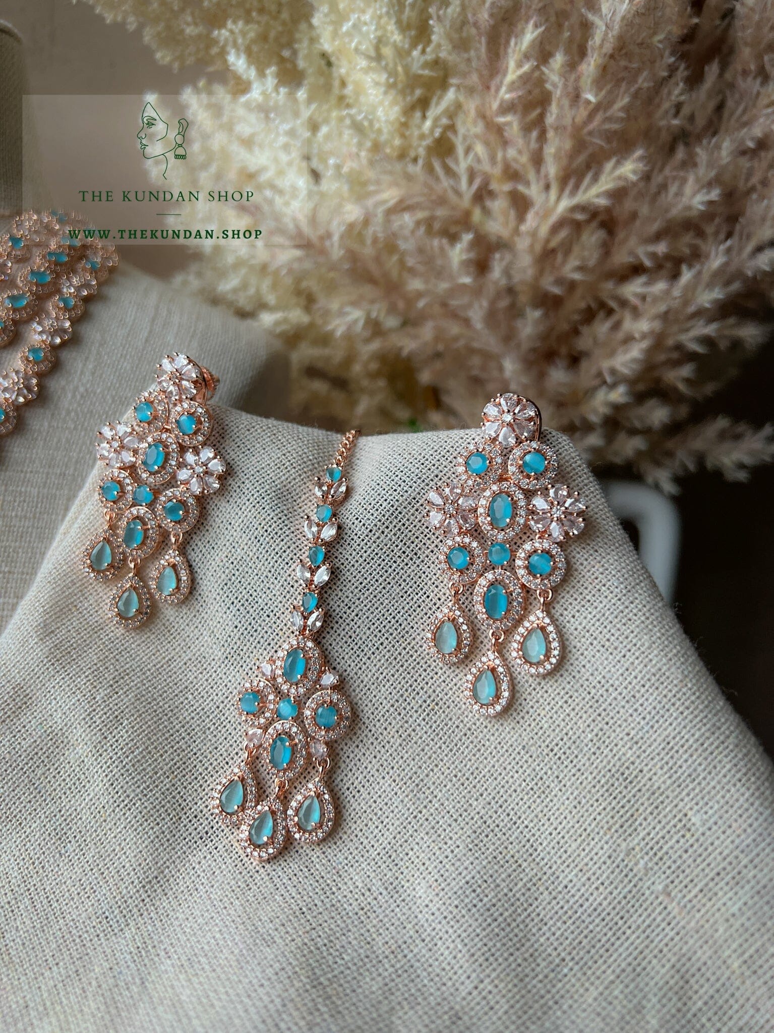 React in Rose Gold & Feroza Blue Necklace Sets THE KUNDAN SHOP 