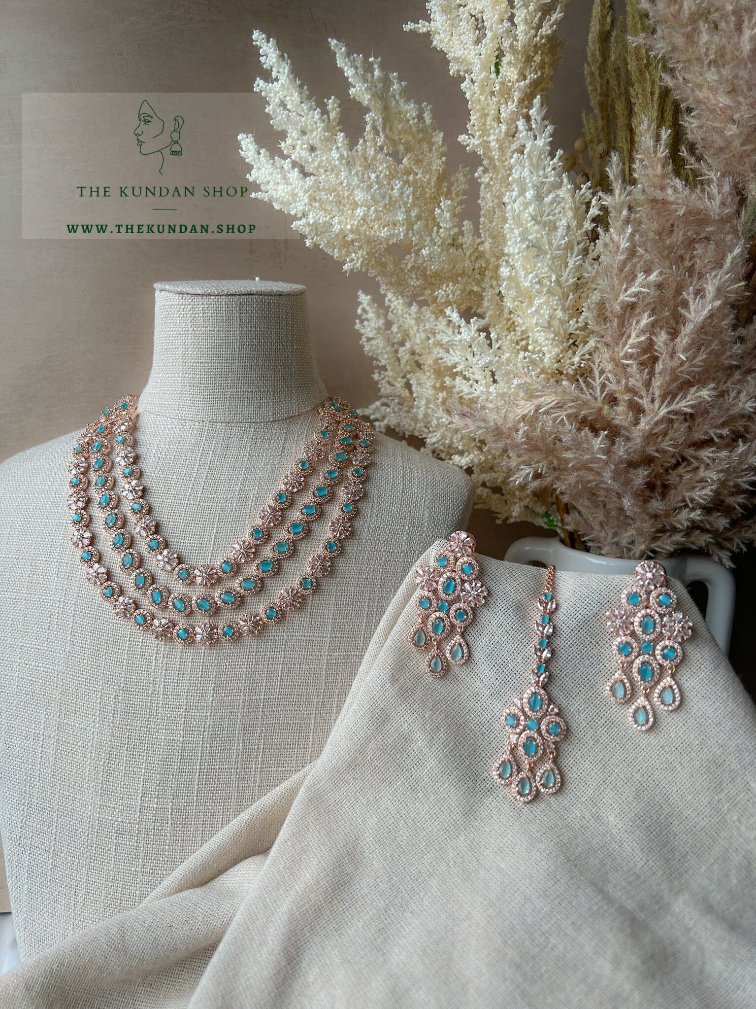 React in Rose Gold & Feroza Blue Necklace Sets THE KUNDAN SHOP 