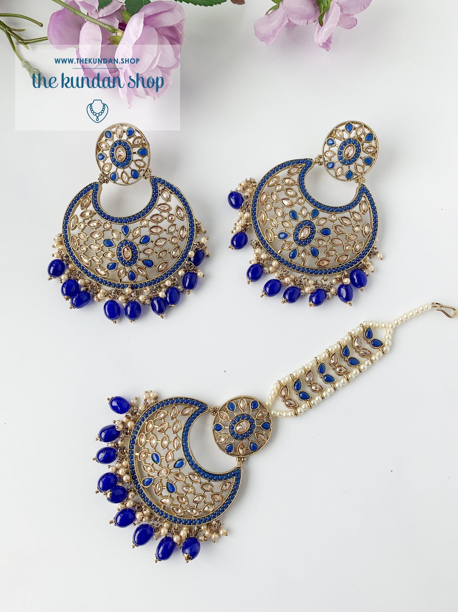 Softly Set in Blue Earrings + Tikka THE KUNDAN SHOP 