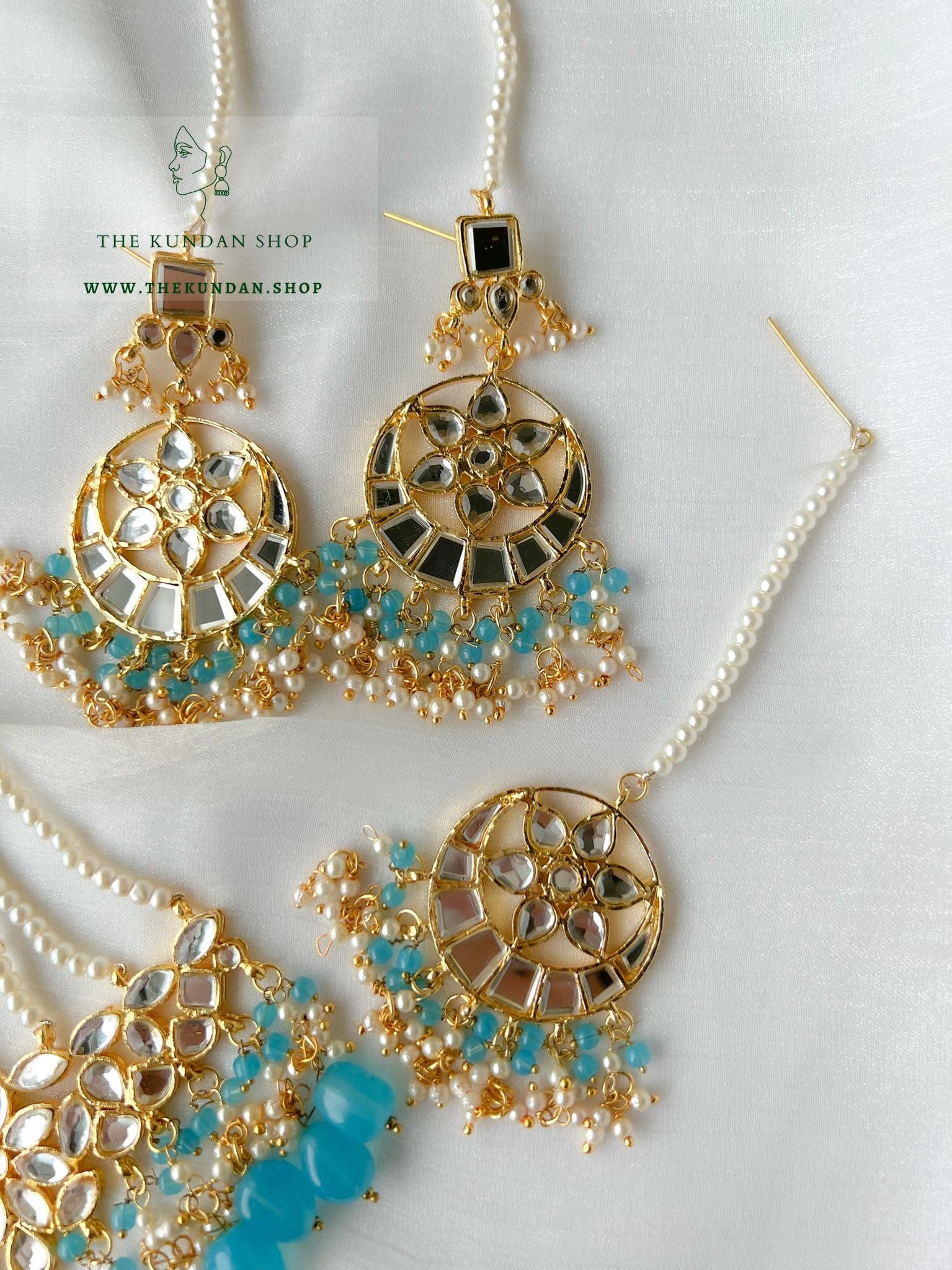 Flashy Mirror in Blue Earrings + Tikka THE KUNDAN SHOP 