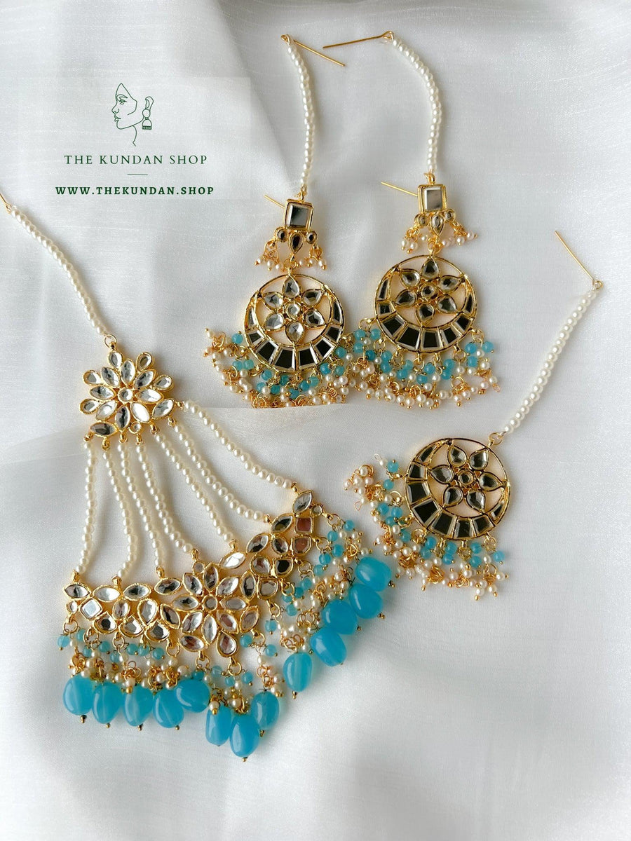 Flashy Mirror in Blue Earrings + Tikka THE KUNDAN SHOP 