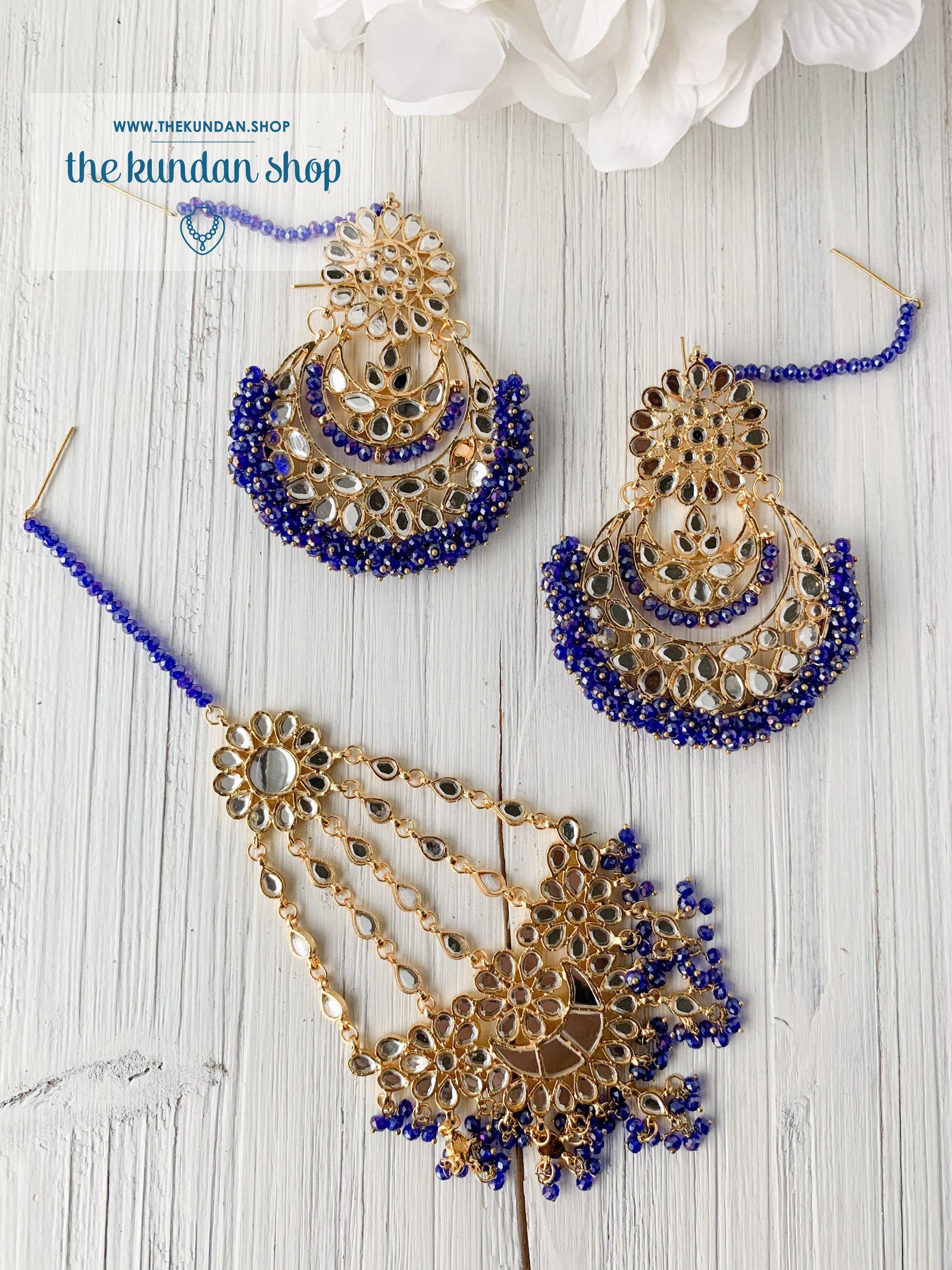 Glistening Mirror in Midnight Blue Earrings + Tikka THE KUNDAN SHOP 