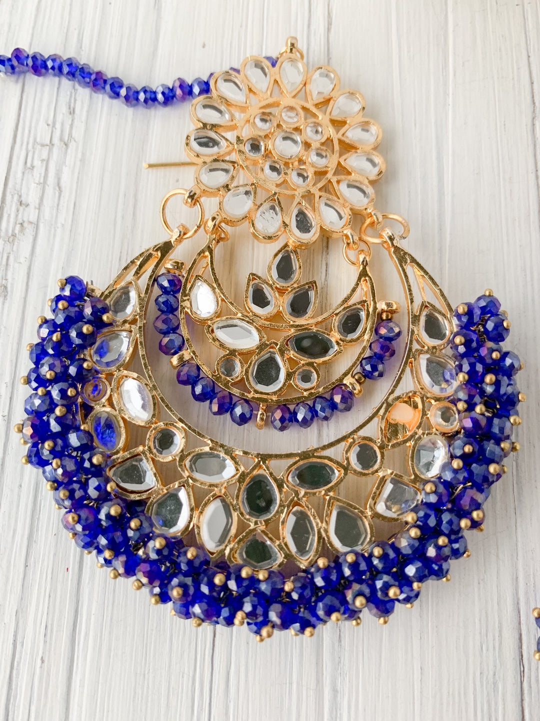 Glistening Mirror in Midnight Blue Earrings + Tikka THE KUNDAN SHOP 