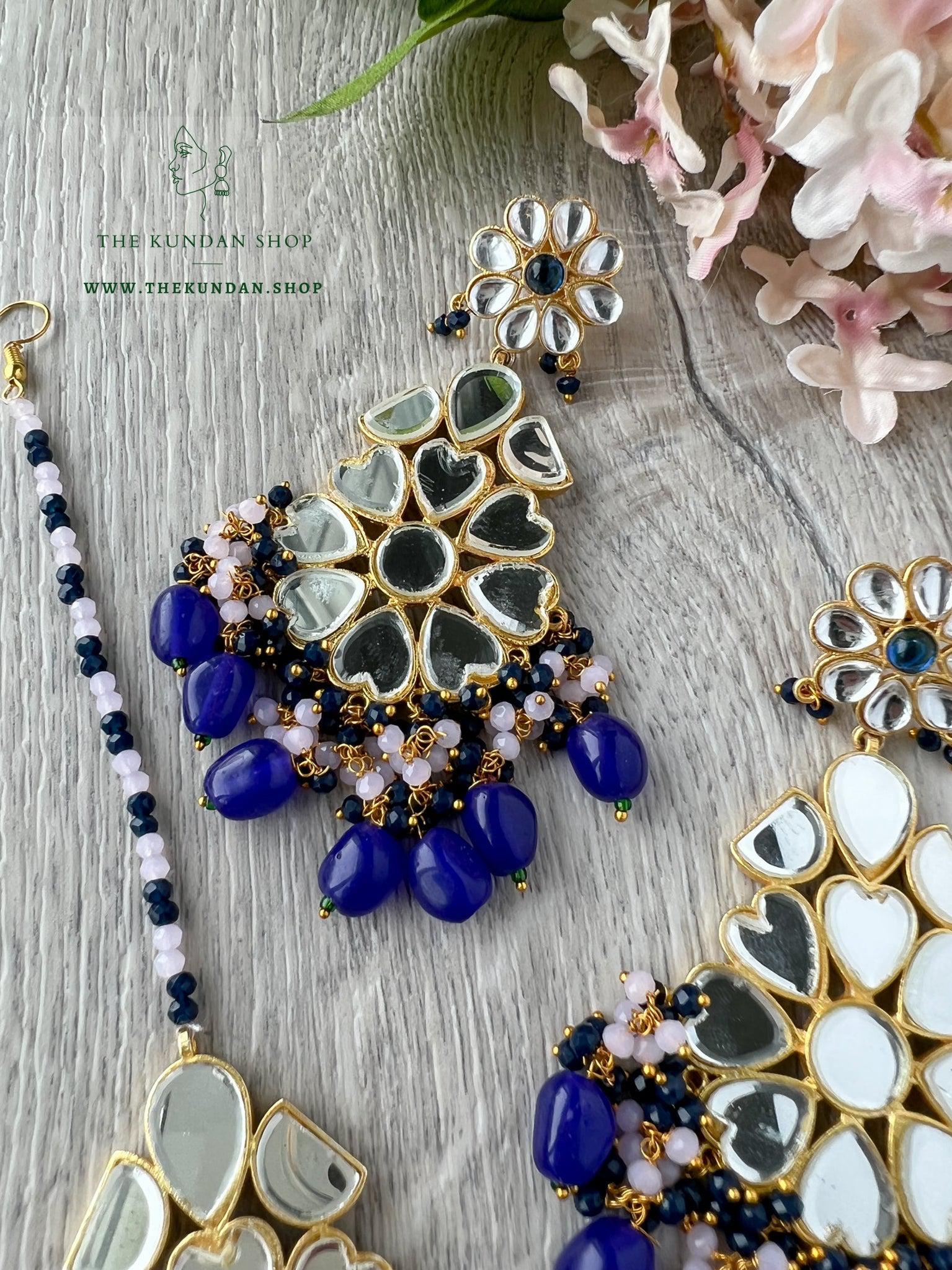 Floral Mirrors in Blue Earrings + Tikka THE KUNDAN SHOP 
