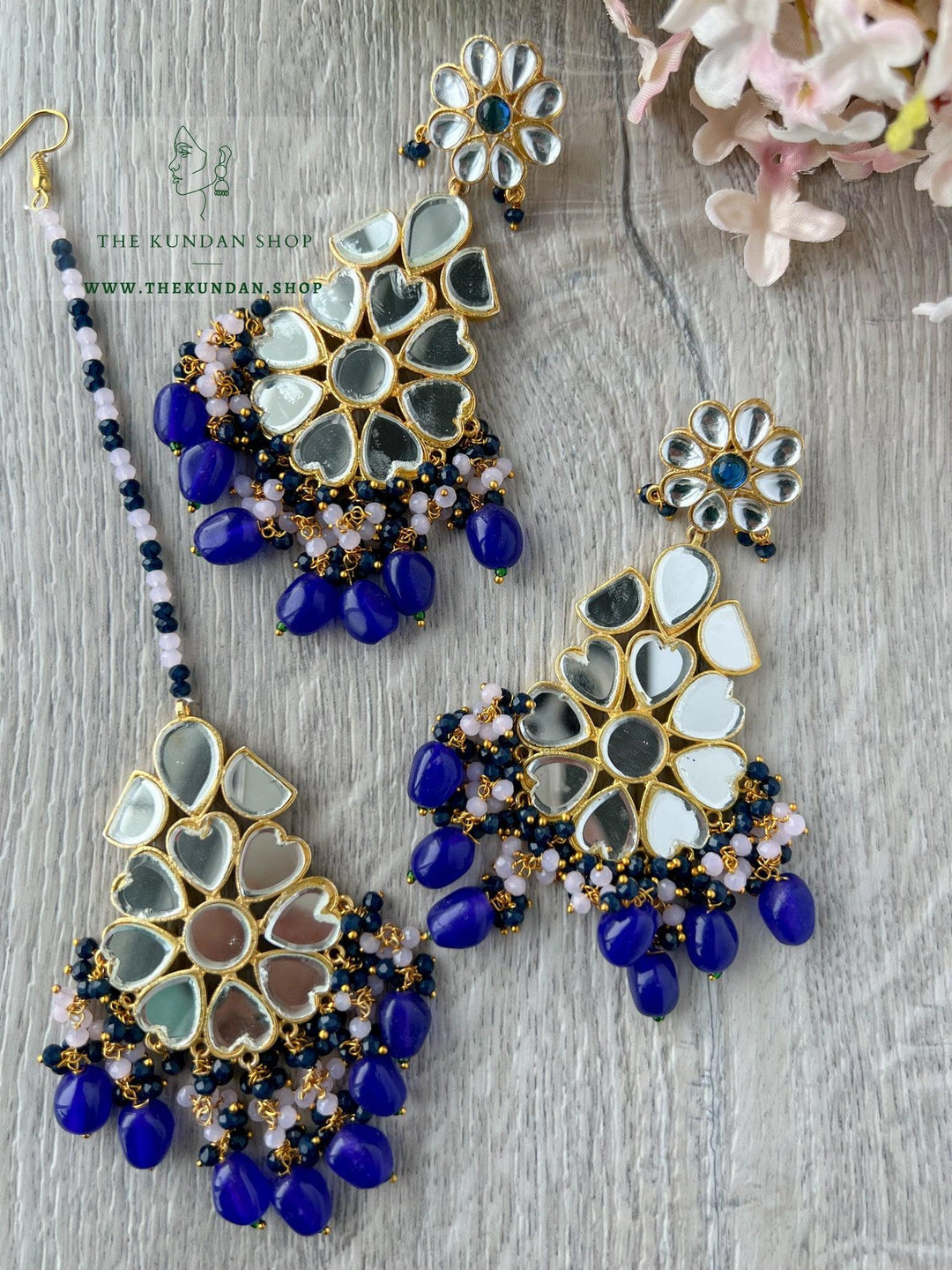 Floral Mirrors in Blue Earrings + Tikka THE KUNDAN SHOP 