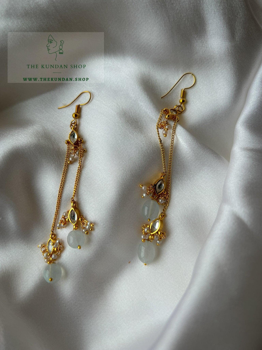 Chain Drops in Kundan Earrings Earrings THE KUNDAN SHOP Off White/Blue 