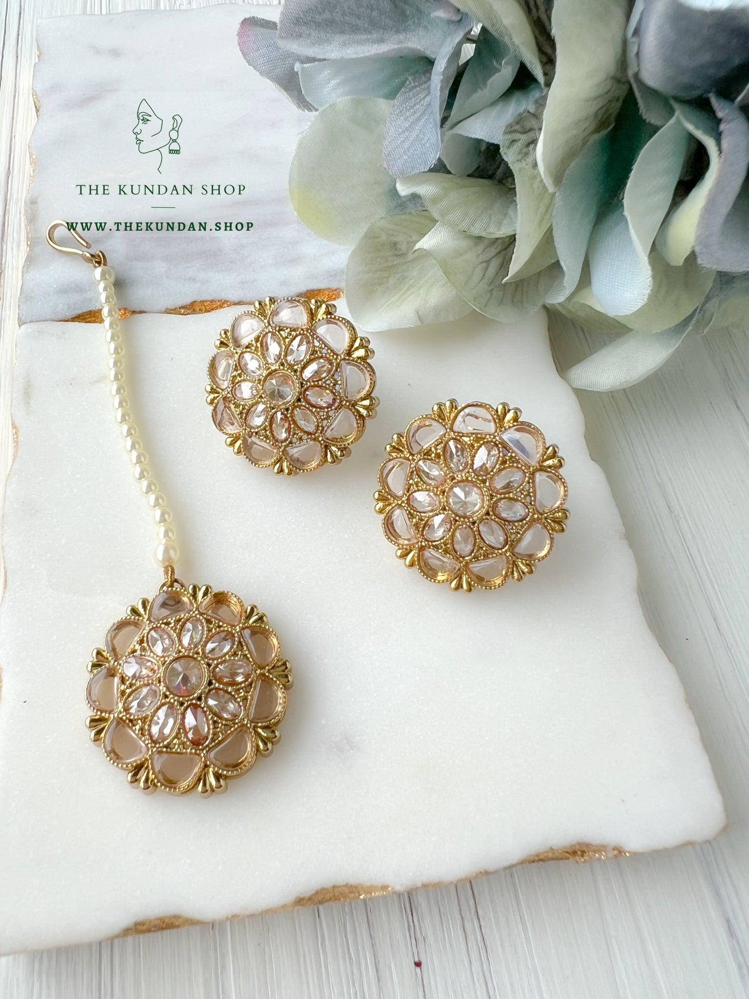 Around in Champagne Tikka Set Earrings + Tikka THE KUNDAN SHOP Champagne 