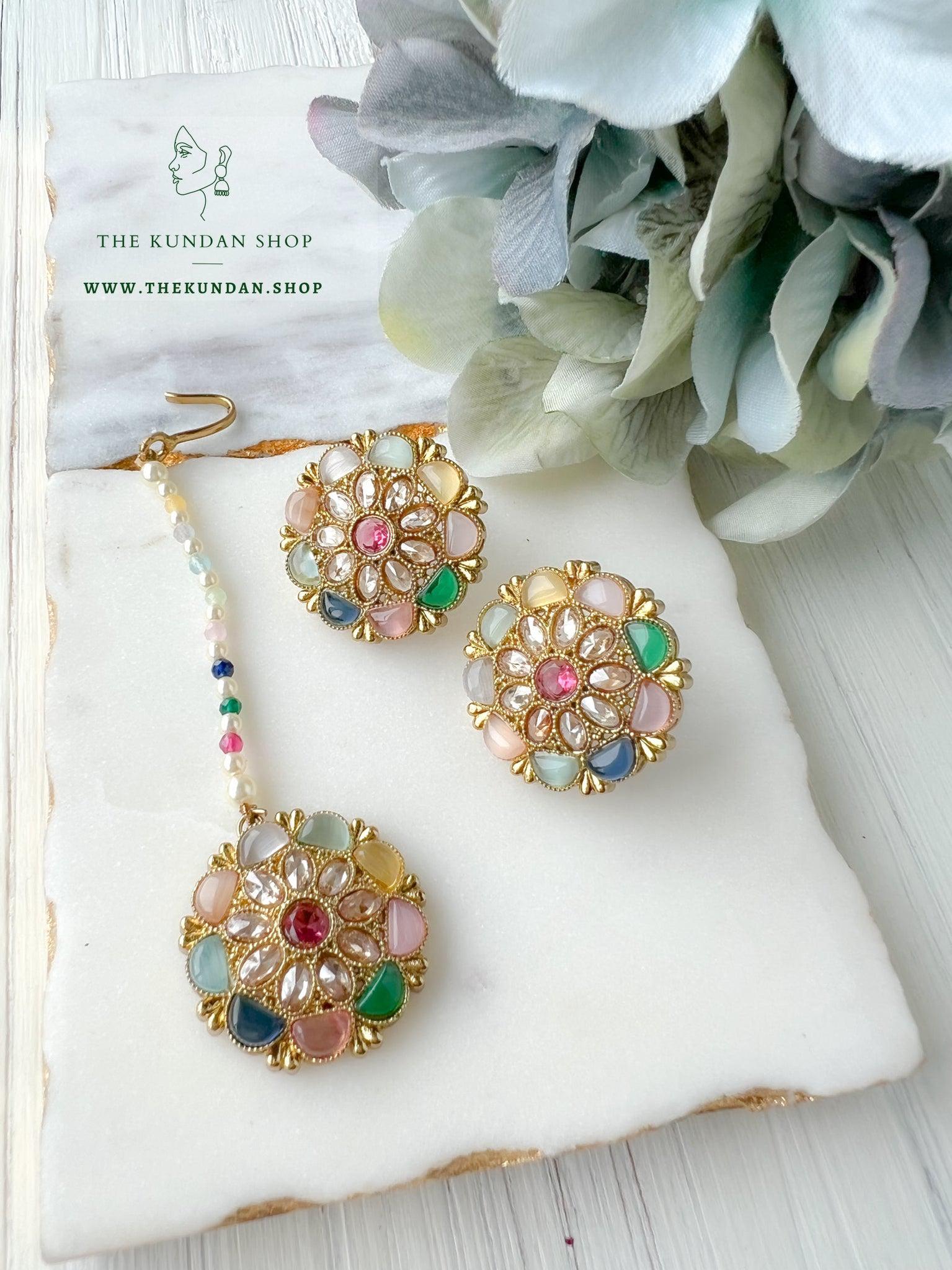Around in Champagne Tikka Set Earrings + Tikka THE KUNDAN SHOP Multi 