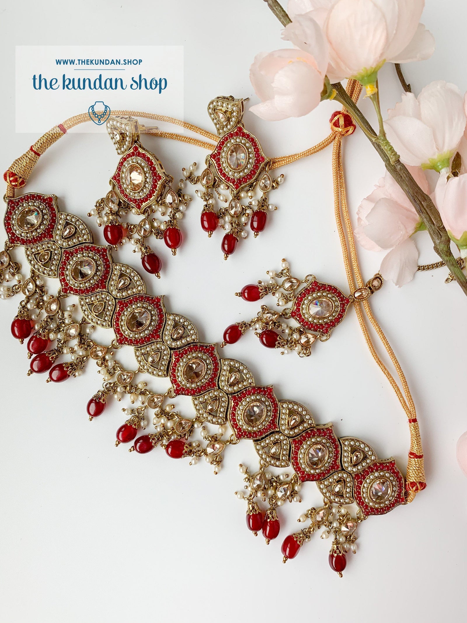 Entangled in Cherry Red Necklace Sets THE KUNDAN SHOP 