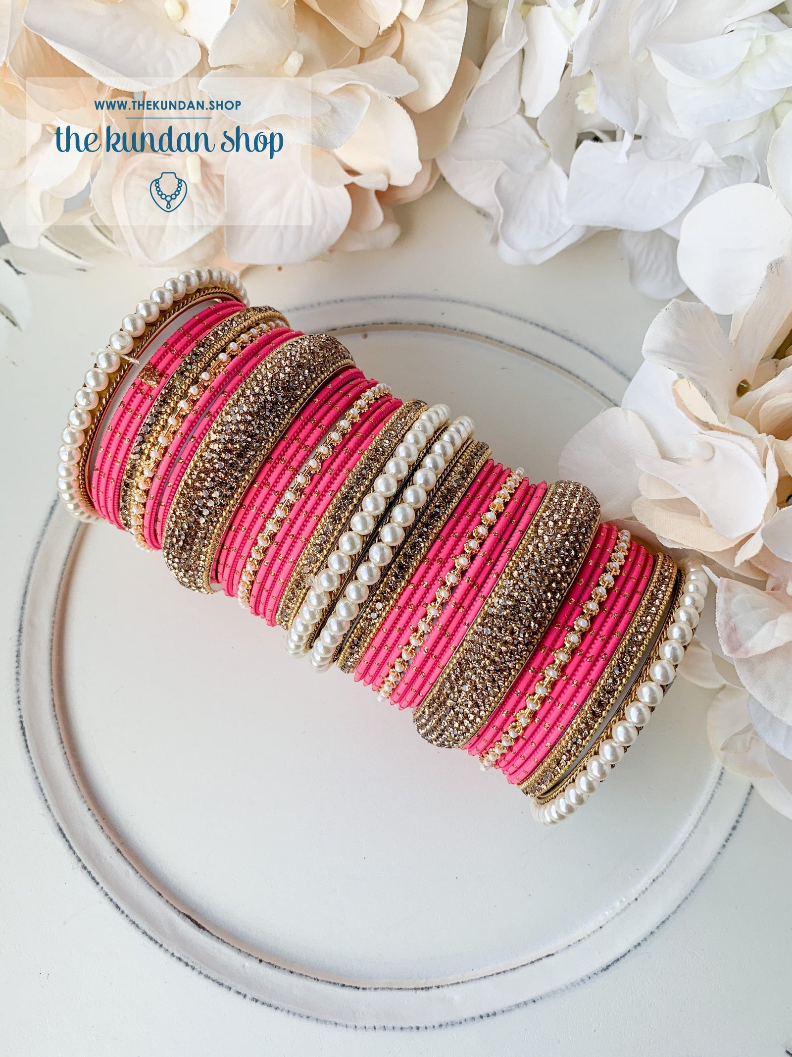 Pearl & Rhinestone Bangles in Classic Pink Bangles THE KUNDAN SHOP 