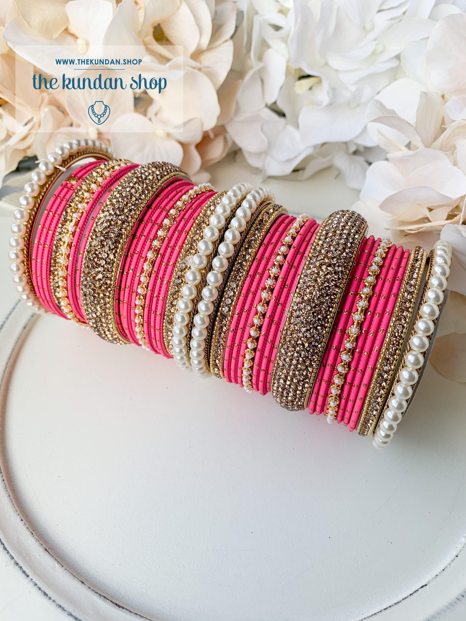 Pearl & Rhinestone Bangles in Classic Pink Bangles THE KUNDAN SHOP 