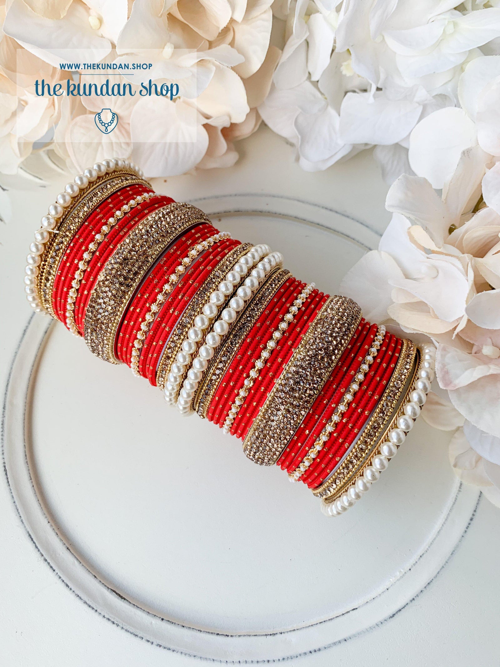 Pearl & Rhinestone Bangles in Classic Red Bangles THE KUNDAN SHOP 