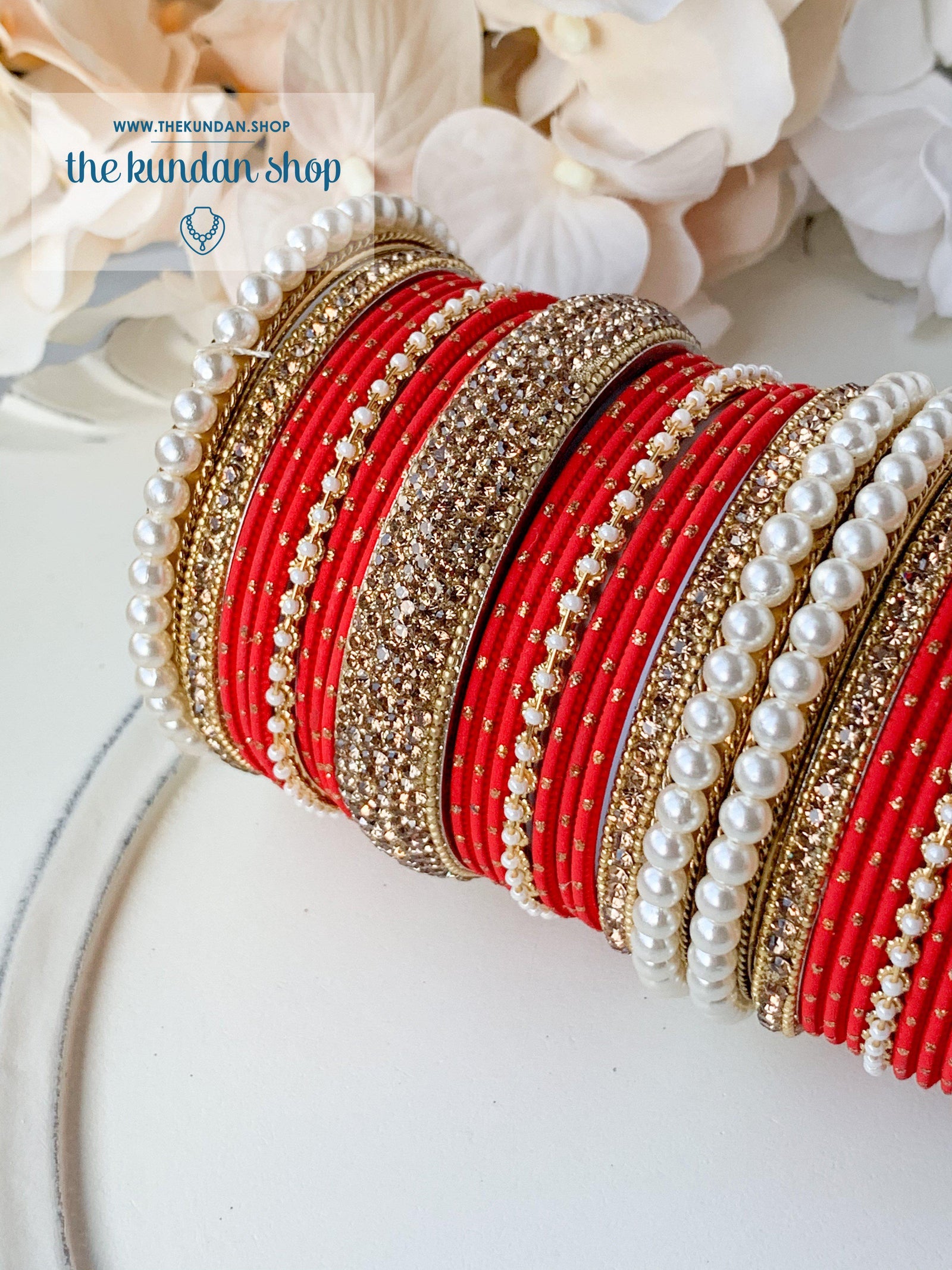 Pearl & Rhinestone Bangles in Classic Red Bangles THE KUNDAN SHOP 