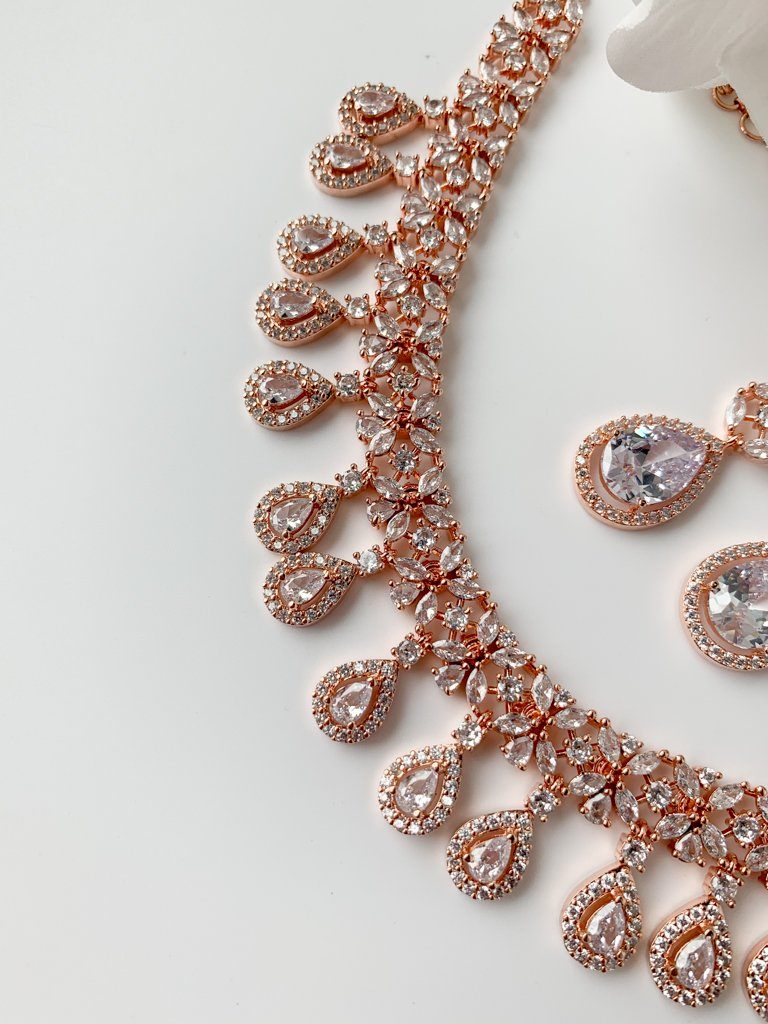 Clear Teardrops in Rose Gold Necklace Sets THE KUNDAN SHOP 