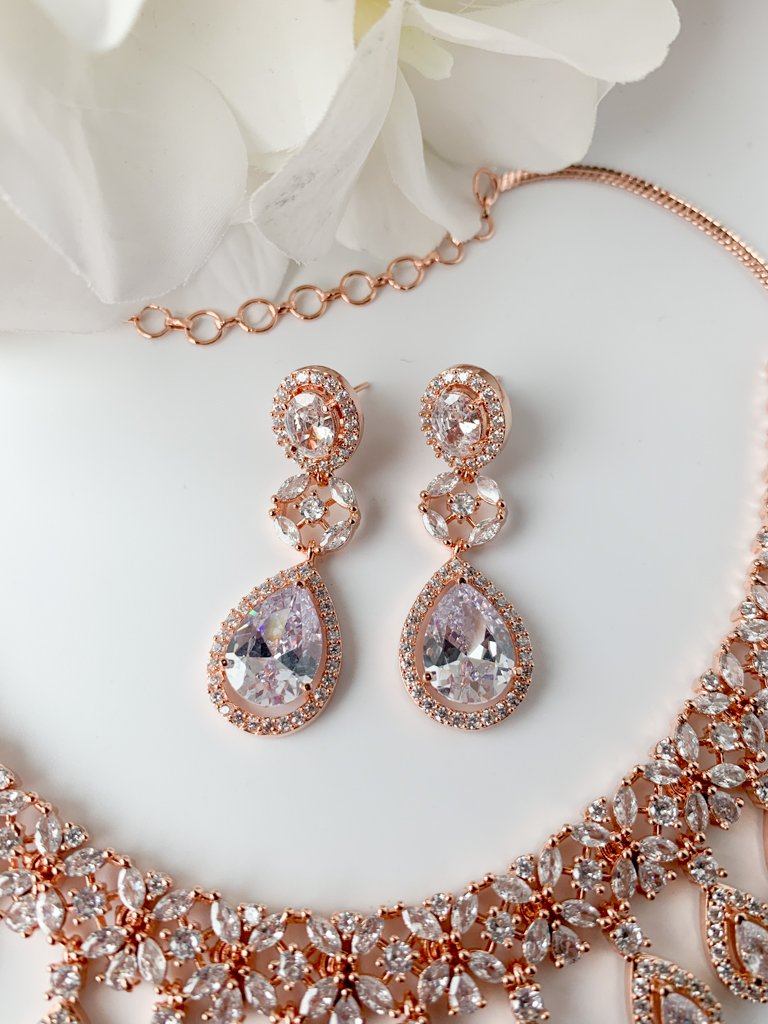 Clear Teardrops in Rose Gold Necklace Sets THE KUNDAN SHOP 