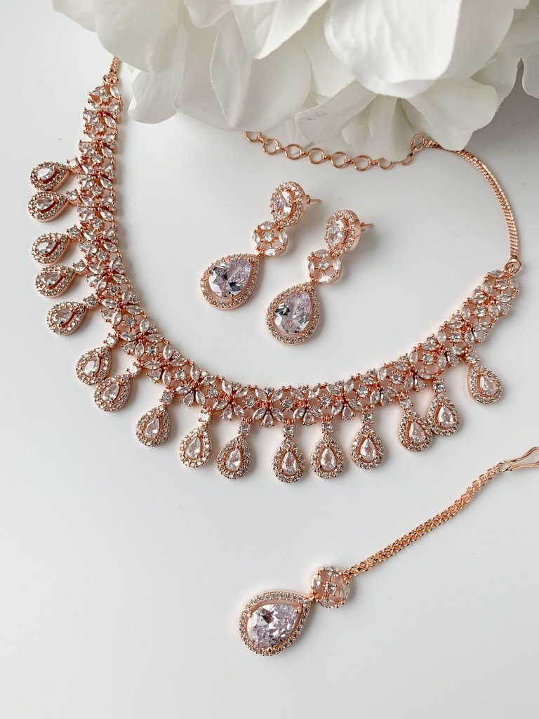 Clear Teardrops in Rose Gold Necklace Sets THE KUNDAN SHOP 
