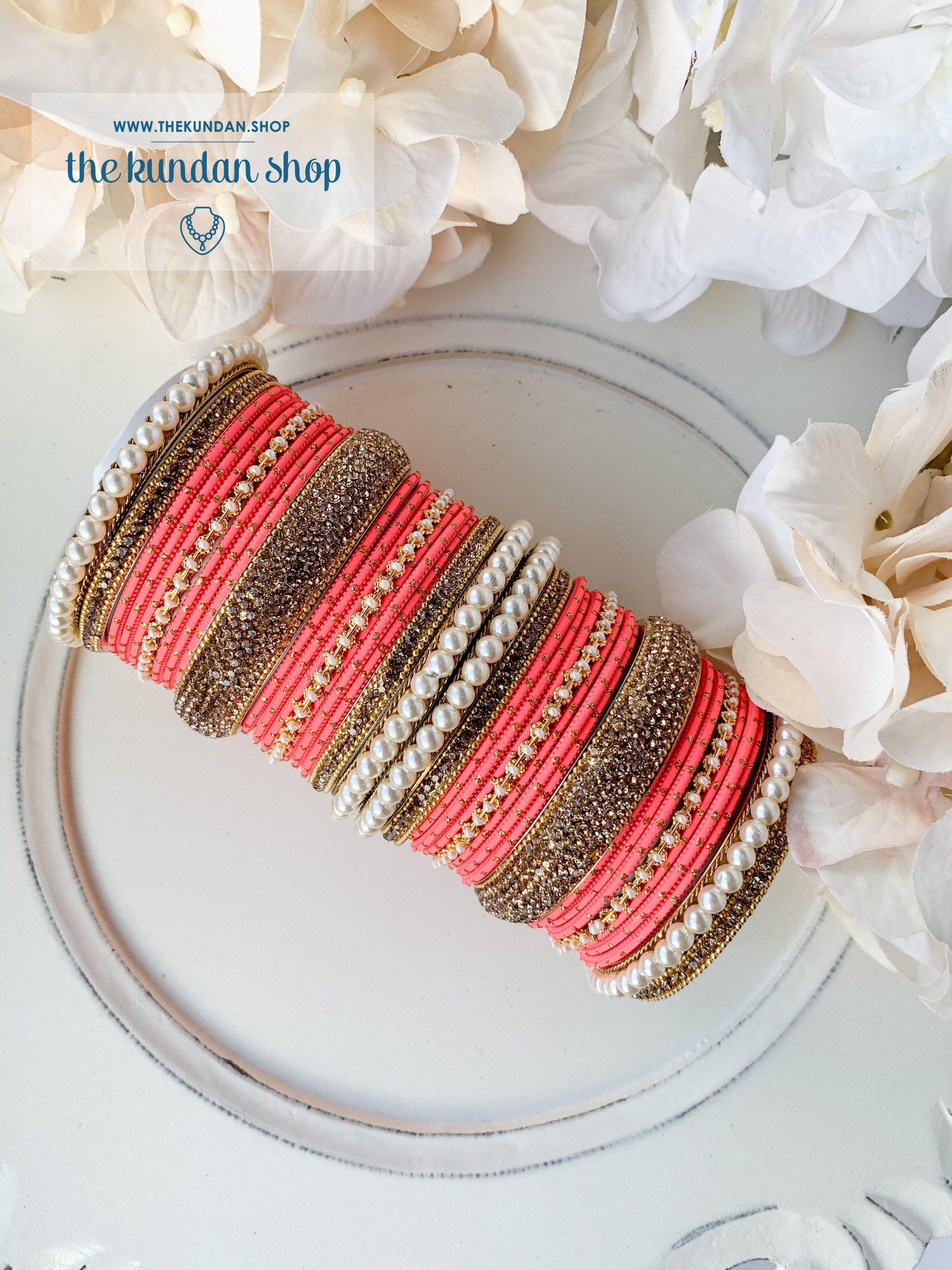 Pearl & Rhinestone Bangles in Coral Pink Bangles THE KUNDAN SHOP 
