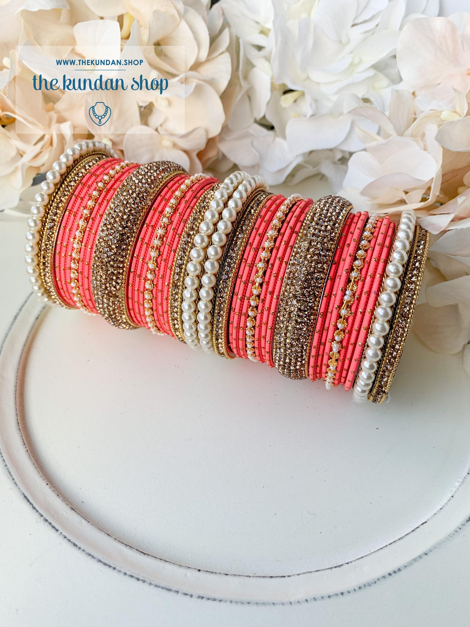 Pearl & Rhinestone Bangles in Coral Pink Bangles THE KUNDAN SHOP 