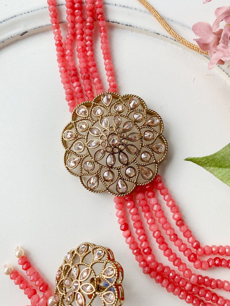 Floral Notes in Coral Necklace Sets THE KUNDAN SHOP 