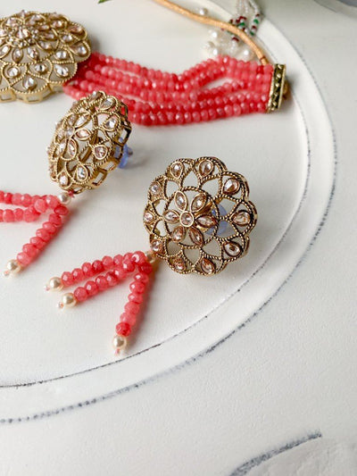 Floral Notes in Coral Necklace Sets THE KUNDAN SHOP 
