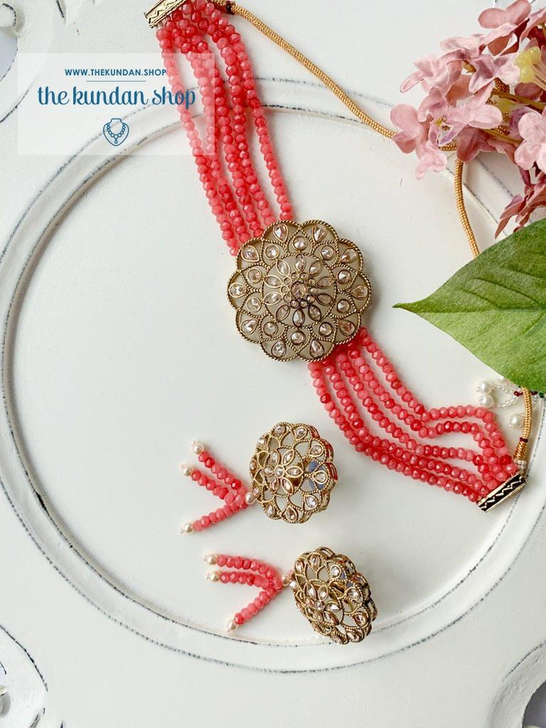 Floral Notes in Coral Necklace Sets THE KUNDAN SHOP 