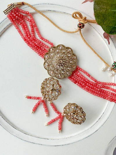 Floral Notes in Coral Necklace Sets THE KUNDAN SHOP 
