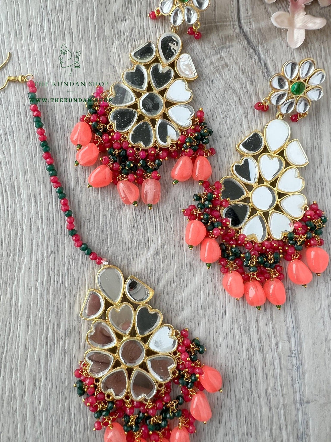 Floral Mirrors in Coral Pink Earrings + Tikka THE KUNDAN SHOP 