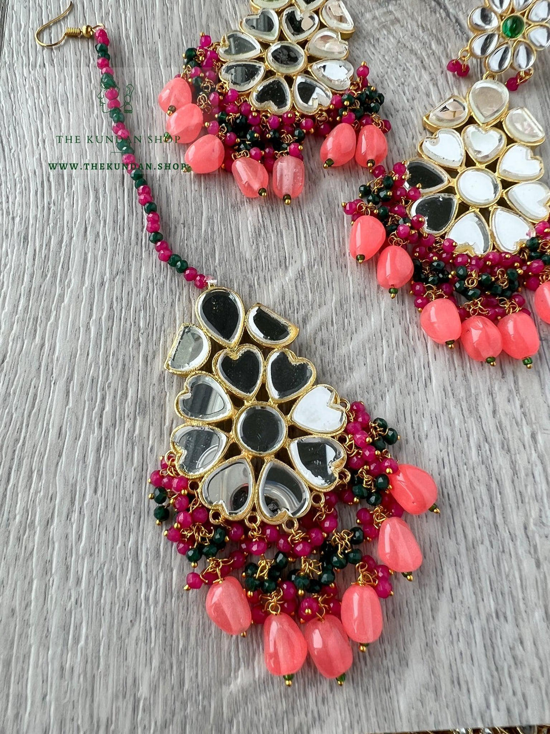 Floral Mirrors in Coral Pink Earrings + Tikka THE KUNDAN SHOP 