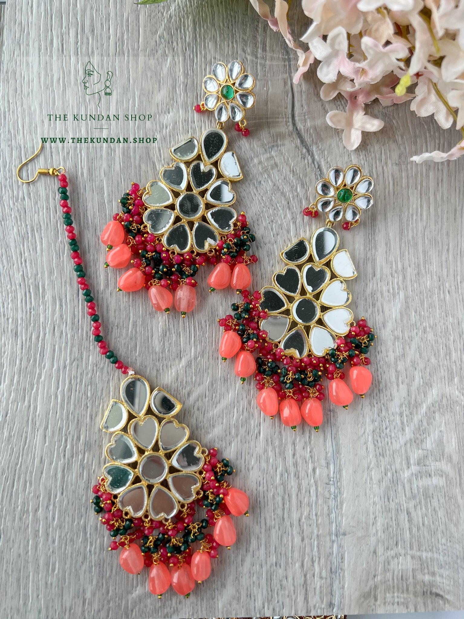 Floral Mirrors in Coral Pink Earrings + Tikka THE KUNDAN SHOP 