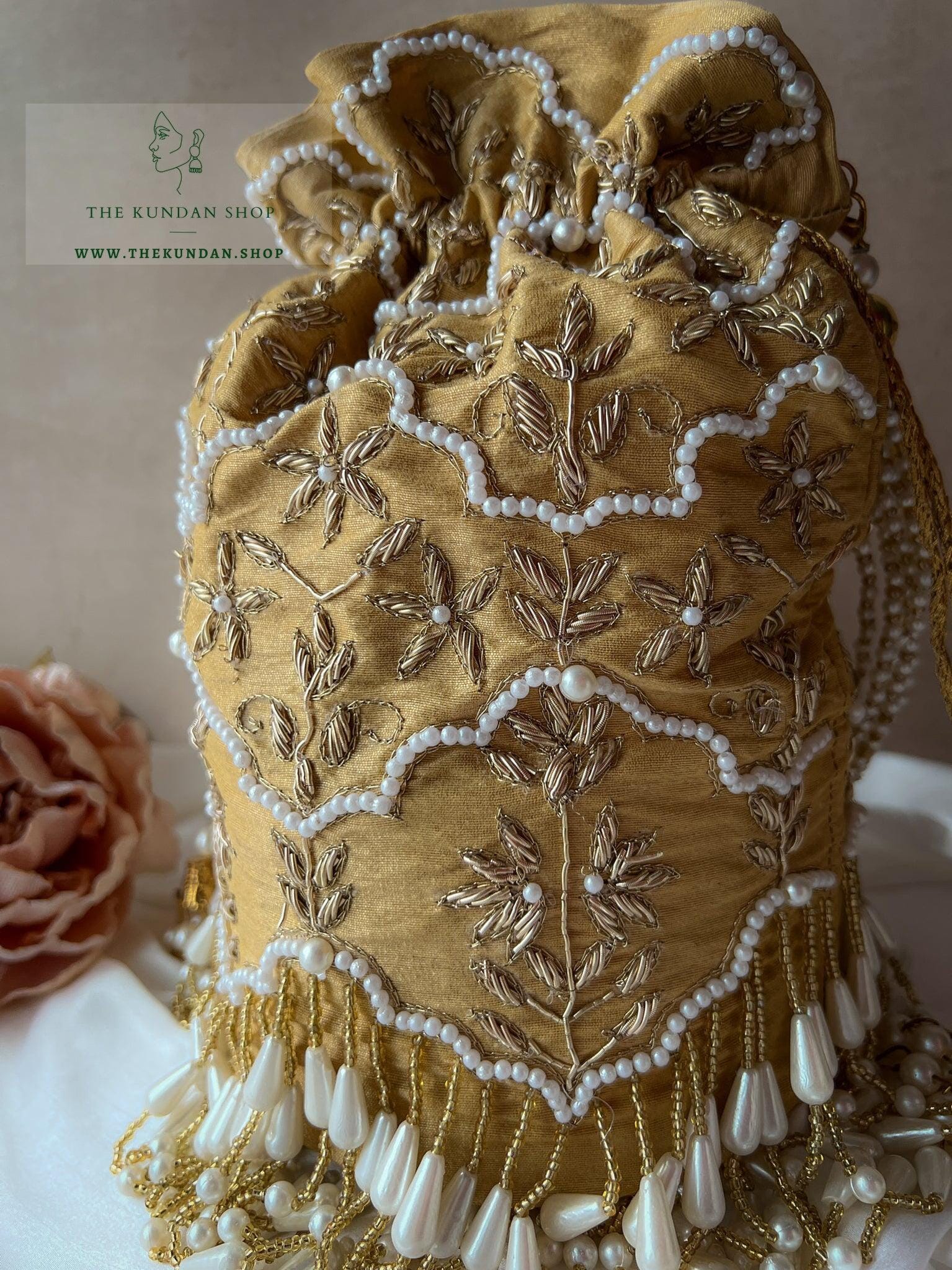 The Downfall Potli in Cream Gold Clutch THE KUNDAN SHOP 