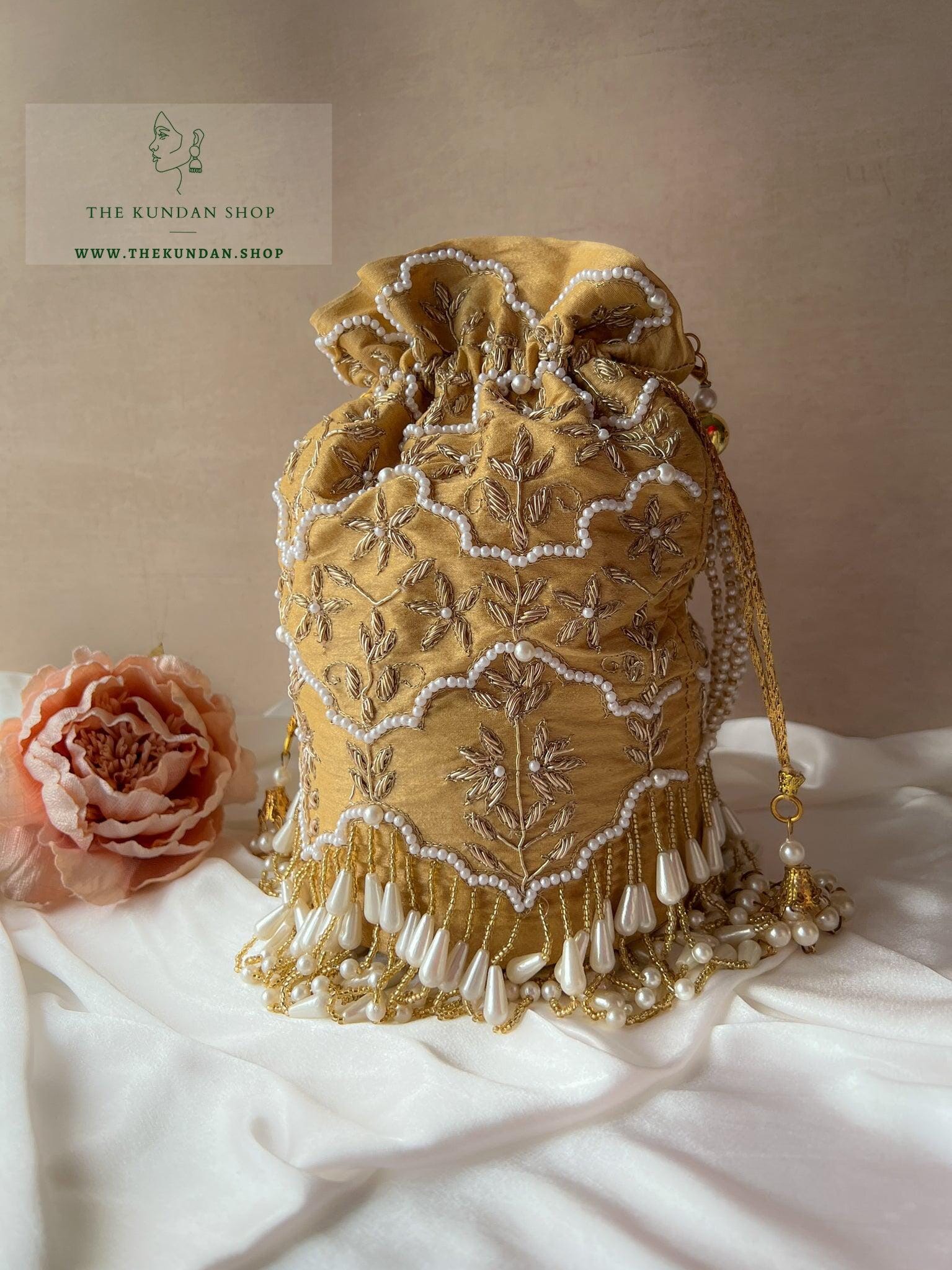 The Downfall Potli in Cream Gold Clutch THE KUNDAN SHOP 