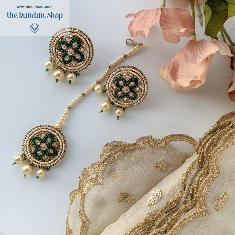 Cross My Heart - Green, Earrings + Tikka - THE KUNDAN SHOP