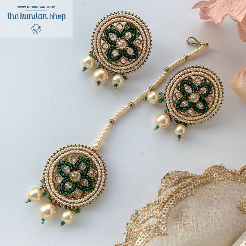 Cross My Heart - Green, Earrings + Tikka - THE KUNDAN SHOP